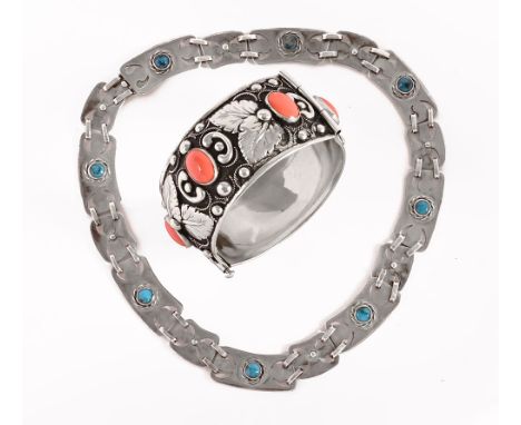A silver hallmarked and turquoise enamel necklace, Birmingham 1987, a coral mounted silver coloured metal bangle.