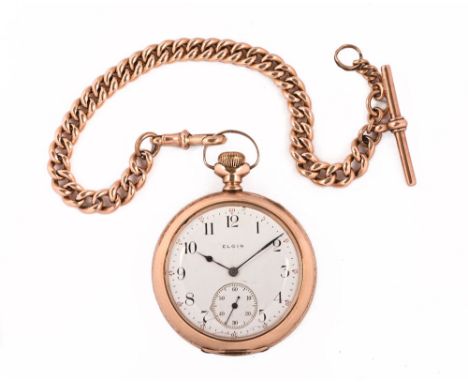 An Elgin gold plated open cased pocket watch, knob wind and with Arabic numerals and subsidiary seconds dial. Diameter 47 mm 