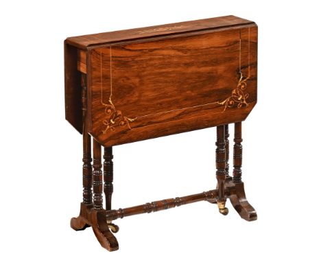 An Edwardian inlaid rosewood small Sutherland table.  Height 56 cm, width 54 cm, depth flaps down 13.5 cm.   CONDITION REPORT