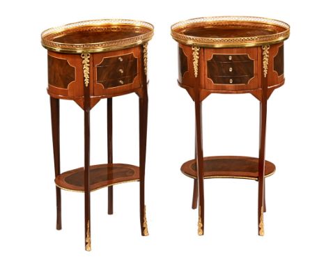 A pair of Louis XVI style continental bedside cabinets, with brass gallery to the oval top fitted with three drawers and shel