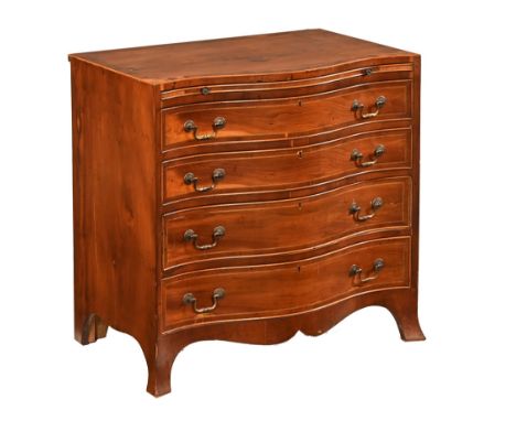 A George III style satinwood and banded serpentine fronted chest of drawers, with slide and shaped apron and raised on splaye
