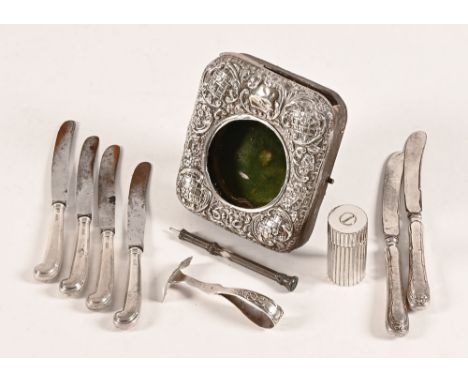 A silver pocket watch case, six silver handled knives, a propelling pencil, a food push and pepper grinder.