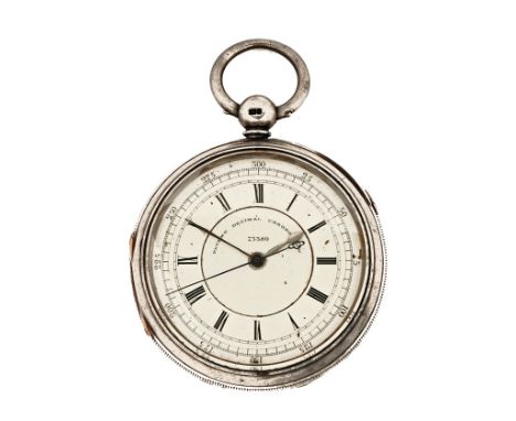A silver cased centre second split chronograph pocket watch, key wind.  Case diameter 58 mm.   CONDITION REPORT:  The watch h