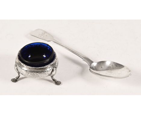 A London silver dessert spoon 1842, by George William Adams.  Weight 73 grams and a London silver hallmarked salt, date lette