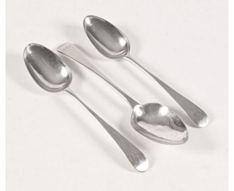 Three silver spoons, the first date letter C possibly 1778 marks rubbed, another possibly 1782 makers mark BM Benjamin Montag