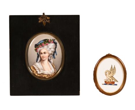 A portrait miniature on porcelain of a lady wearing a floral hat, 8 x 6.5 cm in a black frame together with a Coalport plaque