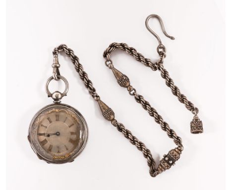 A 19th century foliate engraved pocket watch, with silvered and gilt dial and with Albert chain.  Case diameter 38 mm.   COND