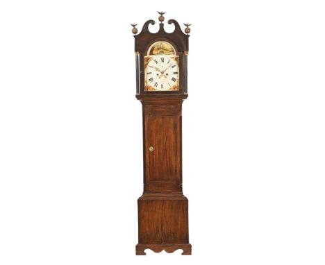 An eight day longcase clock, the dial possibly marked Devizes and painted with pheasants, castle and bridge, the case with sw
