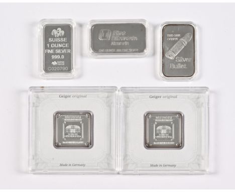 Five one ounce silver ingot bars, in original cases, two by Geiger Edelmetalle, Pamp Suisse, Silver Bullet and First Intestat