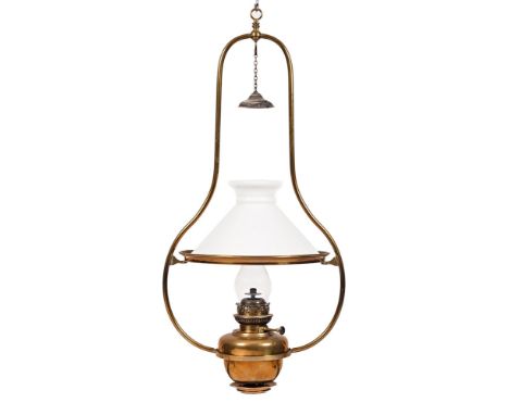 A 19th century brass ceiling hanging oil lamp, with milk glass shade.  Frame height 91 cm, maximum width 46 cm.