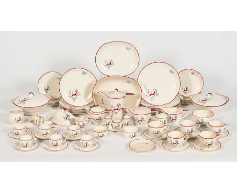 A Crown Devon Stockholm patterned tea and dinner service, with dinner plates, tureens, teacups, saucers, toast rack, salt and