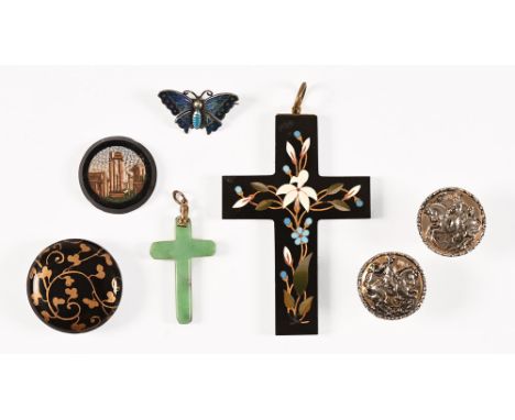 A Charles Horner silver and enamelled butterfly, together with a Pietra Dura cross, a micro mosaic small plaque, pair of plat