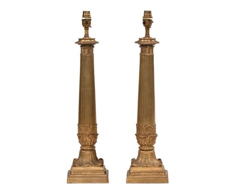 A pair of metal column lamps, with square stepped bases.  Height excluding light fitting 47 cm.