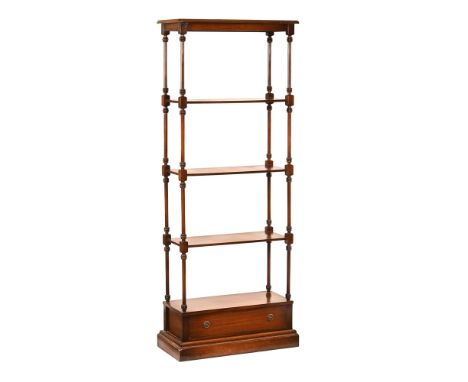 A reproduction mahogany tall whatnot stand, with open shelves and base drawer.  Height 180 cm, width 66 cm, depth 30 cm.   CO
