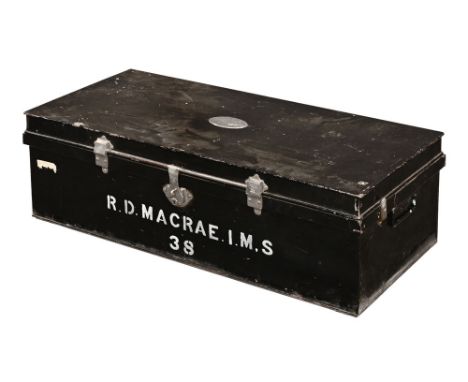 A painted tin trunk, with chromed fittings stamped I.S.T.W. and with green painted interior.  Height 33 cm, width 104.5 cm, d