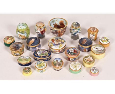 A collection of Kingsley Enamels Limited edition lidded boxes, others by Elliott Hall Halcyon Days etc, two Kingsley Enamels 