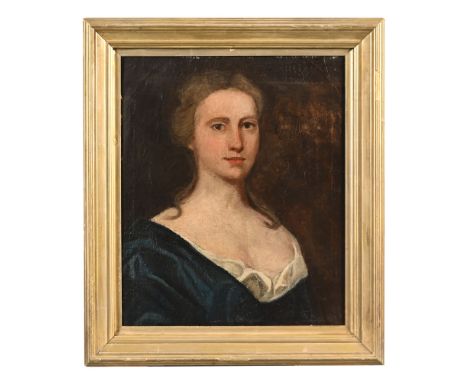A 19th century oil painting on canvas, portrait of a lady wearing a blue dress.  50 cm x 40 cm, framed.
