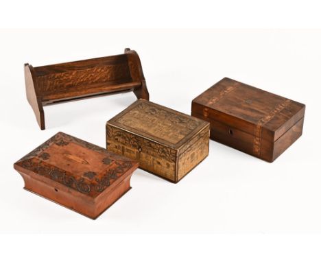 A Chinese export lacquered box, with lead caddy interior, a book slide and two other table boxes.  Slide width closed 31 cm.