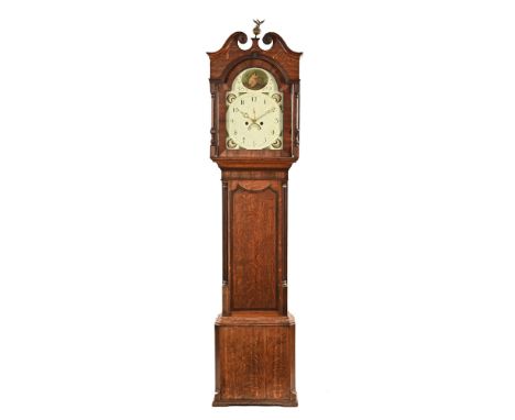 An oak and mahogany longcase clock, eight day movement, the case with swans neck pediment and with brass ball and eagle finia