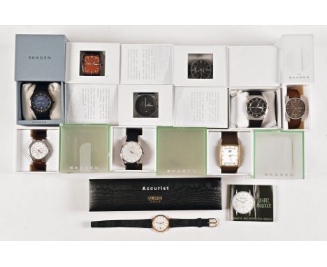 A collection of watches, including Accurist Quartz analogue and nine by Skagen of Denmark.   CONDITION REPORT:  The cabinet i