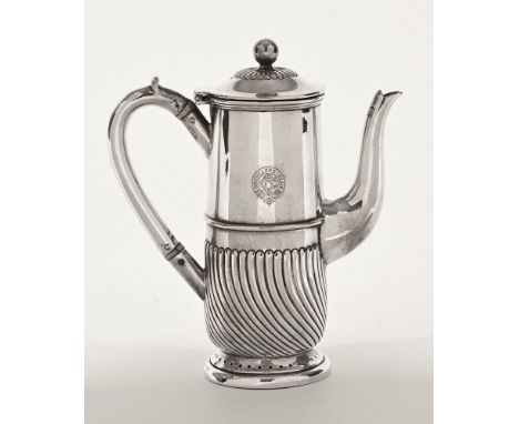 A 19th century "Bachelors Club" coffee pot, loop handle and spout and half lobed body with ivory insulators, maker Mappin & W