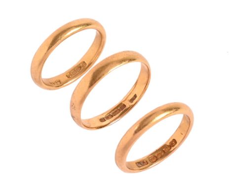 Three 22 ct gold bands.  Size R, N and K.  Weight 12.4 grams (see illustration).