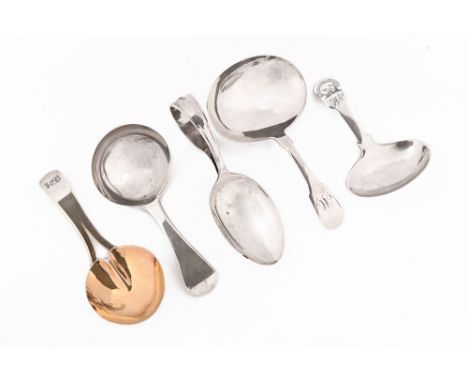 Three silver caddy spoons and two child's spoons, various makers and marks including George III probably Edinburgh 1812, make