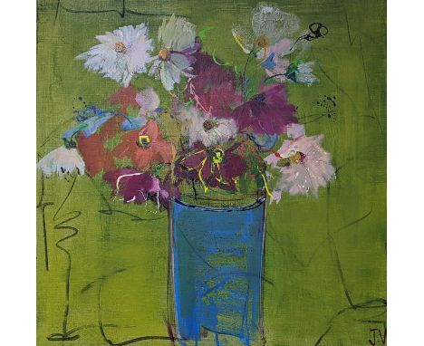 Jo Volten, acrylic on canvas, Blue vase on green with summer flowers, initialled and dated 2020, 60 x 60cm