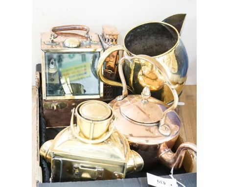 A copper ship's binnacle compass, a brass oil lamp, a brass jug and a copper kettle