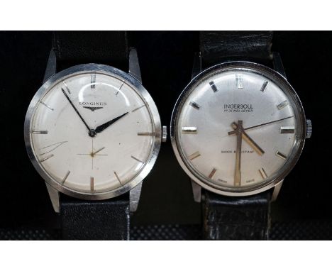 A gentleman's stainless steel Longines manual wind wrist watch, cased diameter 35mm and a similar Ingersol watch.