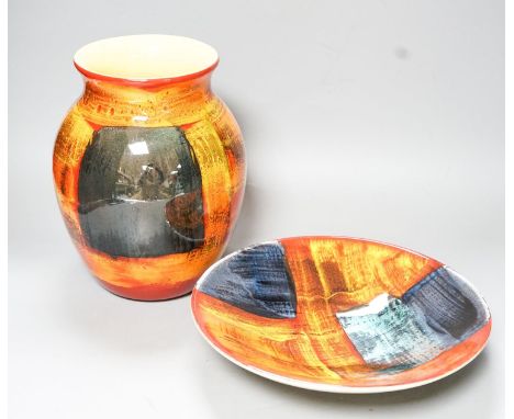 A Poole pottery vase and a shallow dish 27cm