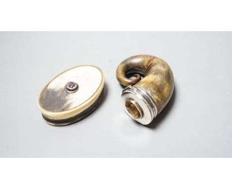 A 19t century white metal and gem set mounted horn snuff mull(a.f.)78mm and a similar oval horn snuff box.