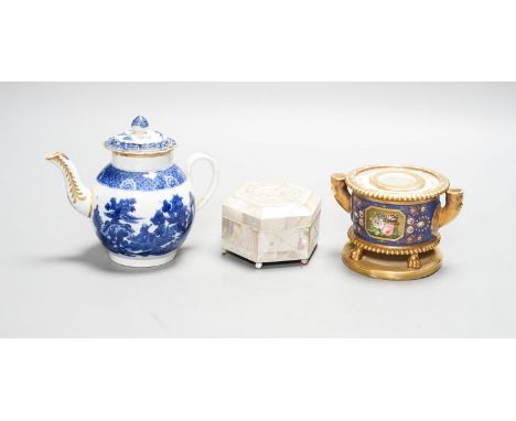 A Schoelcher Paris porcelain inkwell on stand, an 18th blue and white miniature teapot and a hexagonal mother of pearl lidded