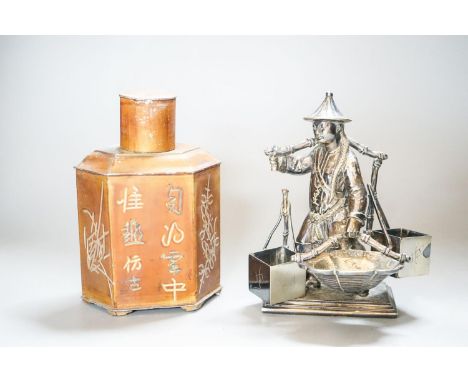 A Chinese pewter tea caddy and Chinese figure 16cm
