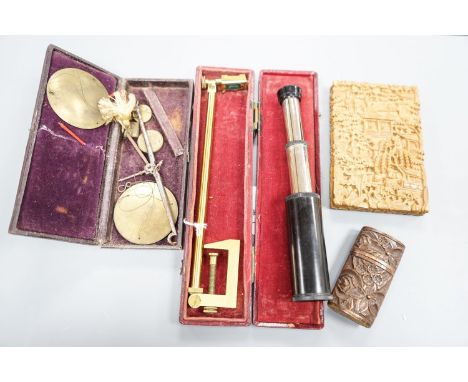 A Chinese carved sandalwood card case, a cased set of Avery gold scales, a Zonex telescope,  a cased Cary prismatic instrumen