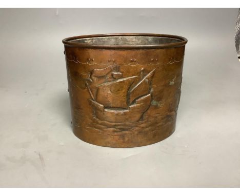 A Newlyn oval copper seascape jar 15cm