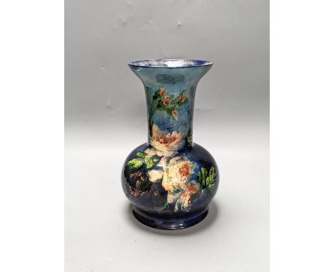 A continental floral painted vase, possibly Belgian. Stamped to underside. 26cm