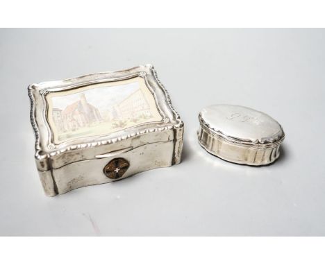 An Austro-Hungarian white metal mounted cigarette box with lid inset with print of a townscape, 12.3cm and a continental whit