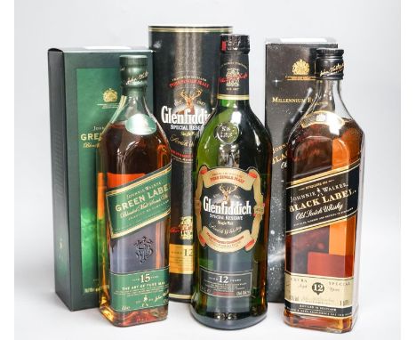 One Millenium Edition Johnnie Walker Black Label Old Scotch Label, 1 x Johnnie Walker Green label 15 year old malt whisky and