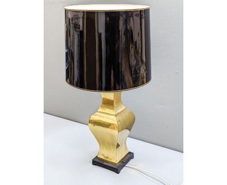 A Chinese brass lamp base with shade. Total height 92cm