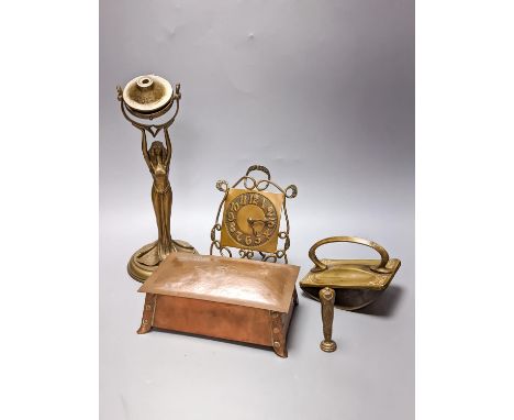 An Arts and Crafts brass/copper group - figural gimbal lamp, mantle timepiece, lidded box etc.