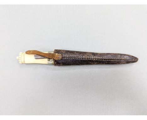 An antique Norwegian marine ivory hunting knife, with carved and pierced scabbard and leather outer sheath, the blade signed 