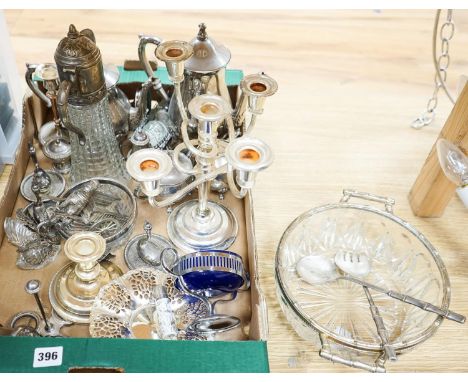 Mixed silver plated wares including a 5 light candelabra, swan salts, tea pot, coffee pot, peppers, menu holders etc.