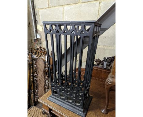 A painted gothic revival fretwork stick stand, width 36cm, depth 21cm, height 65cm