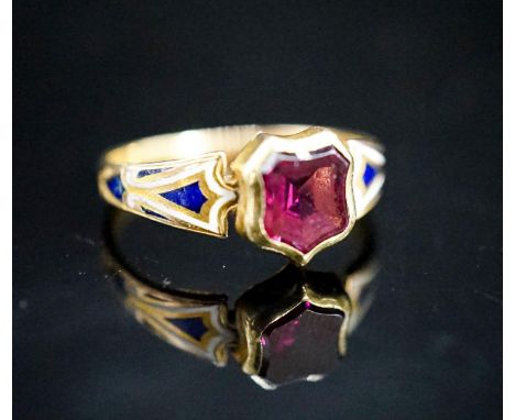 A Victorian two coloured enamel, yellow metal and foiled garnet signet ring, size M,gross 2.4g.