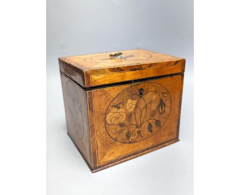 A George III sycamore and floral marquetry tea caddy, 17cm