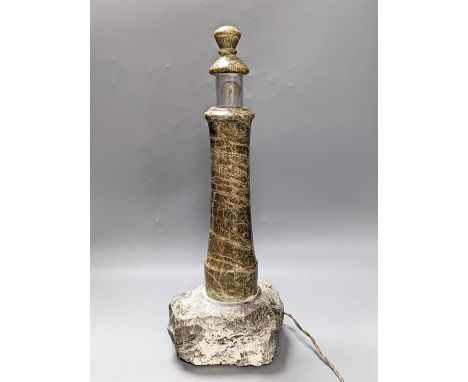 A Cornish serpentine ‘lighthouse’ table  lamp 44cm