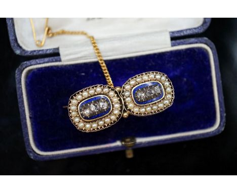A Regency diamond and pearl set enamelled yellow metal brooch,made from a pair of brooches, each set with three diamonds on a