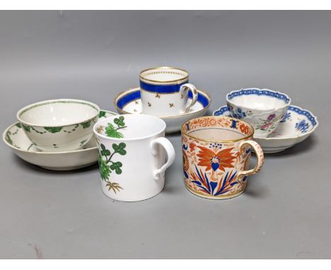 Two 18th century Chinese tea bowls, a 19th century German coffee can and saucer, a Spode coffee can and another