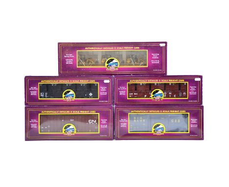 MTH O gauge model railway freight wagons, five including ref. 20-90413E CN high cube box car; ref. 20-90415G CSX high cube bo